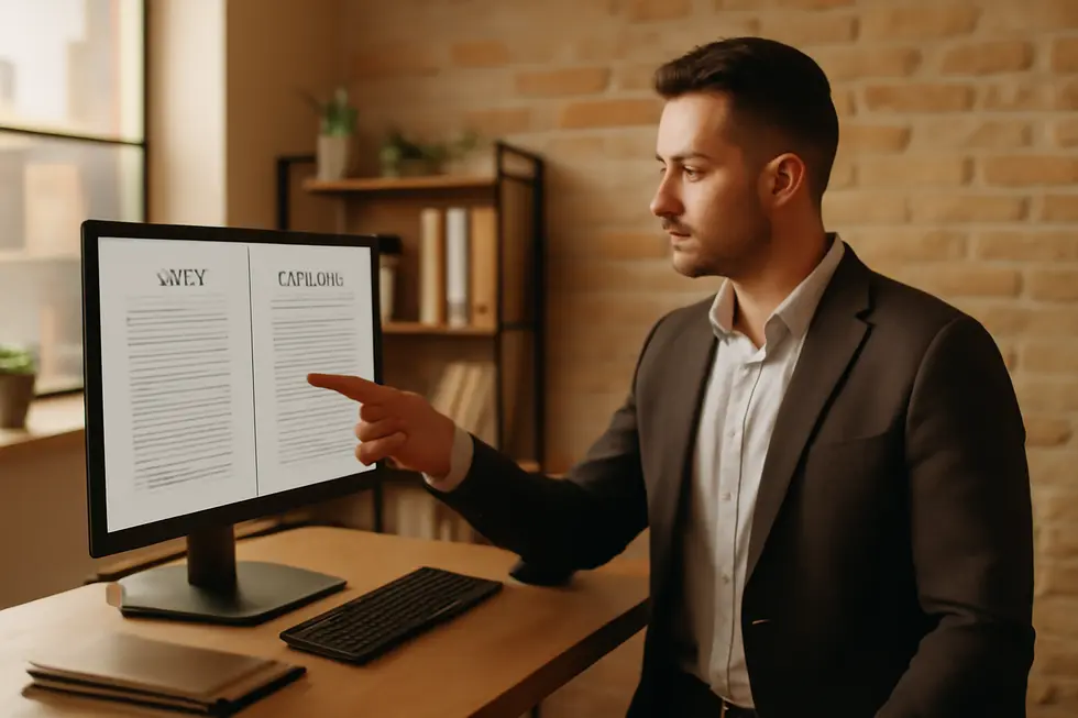 A business owner in an office studying documents on patent and trademark registrations displayed on a computer screen.