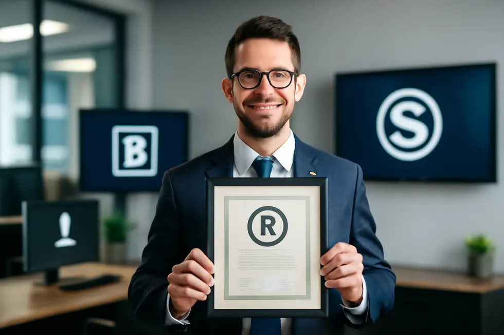 A confident business owner holding a trademark registration certificate in a modern office environment with brand visuals.