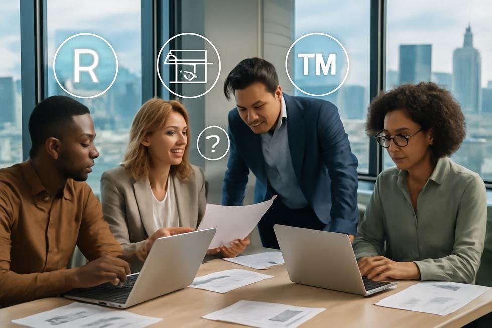 A diverse group of professionals collaborating on branding and trademark registration concepts in a modern office environment.
