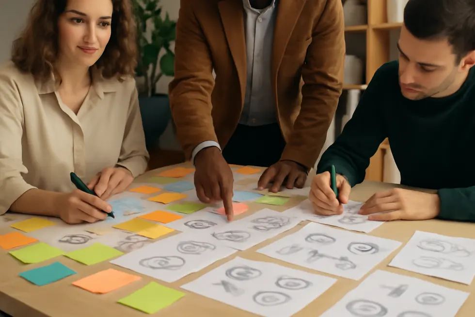 Designers collaborate to develop distinctive company names that define business identity.