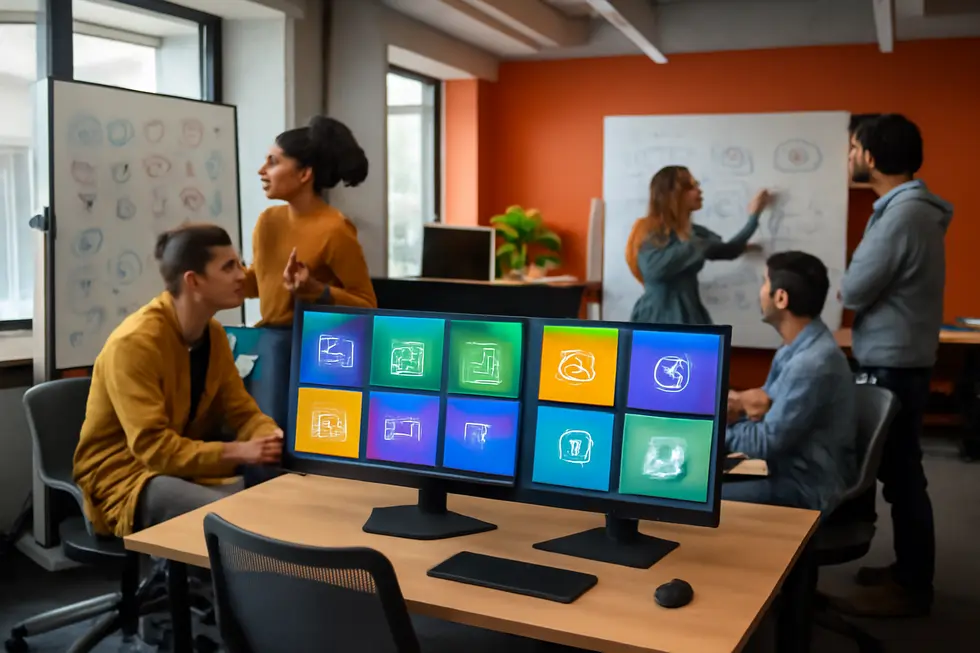 An office environment showcasing premium .com domain listings to highlight their appeal for upscale branding.