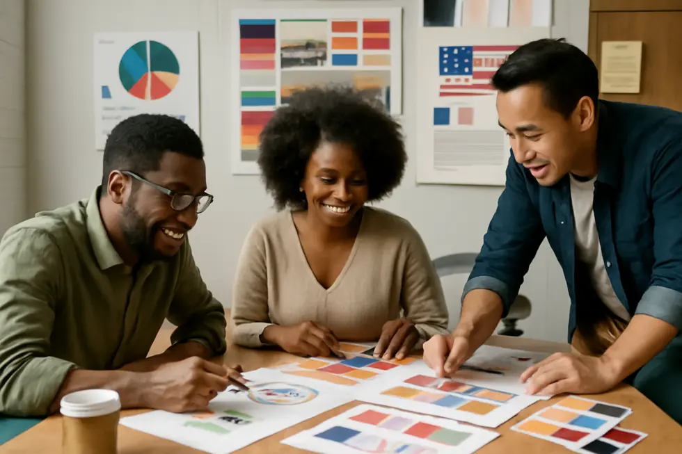 Business owners crafting brand identity with logos, colors, and messaging strategies for the U.S. market.