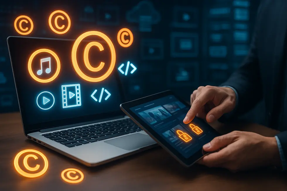 A business owner reviewing copyrighted works with legal texts, symbolizing the evolution of copyright law.