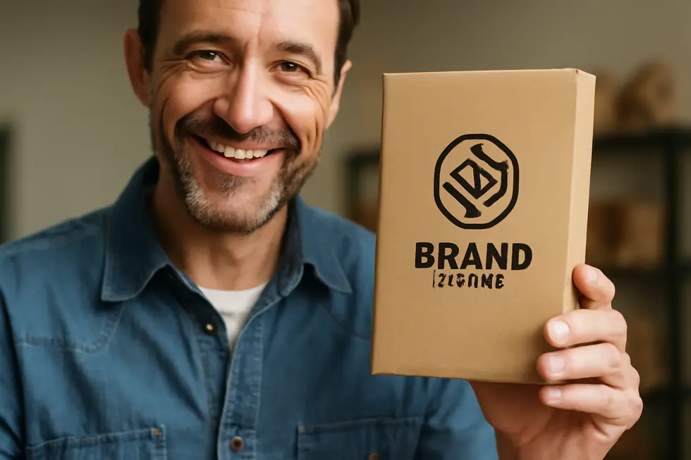 A business owner displaying a distinctive trademark logo that reinforces brand identity and legal protection.