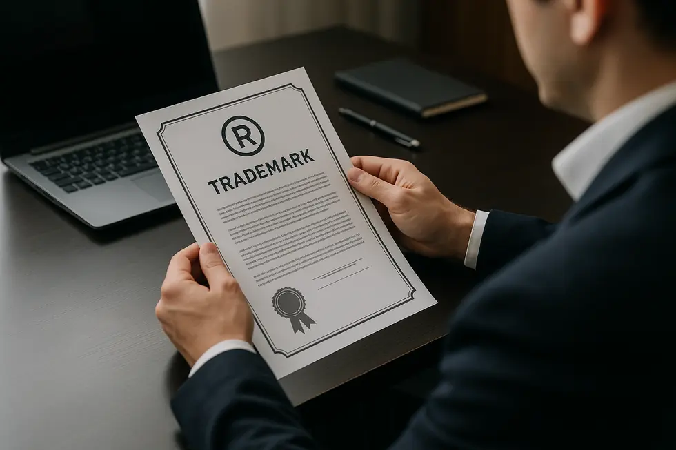 Business person holding and examining a trademark certificate, embodying trademark importance.