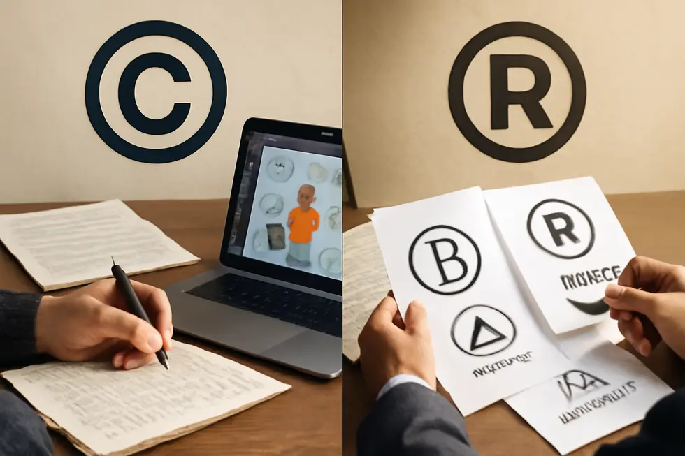 Visual contrast of copyright and trademark law foundations illustrating the protection of creative works and brand identifiers.