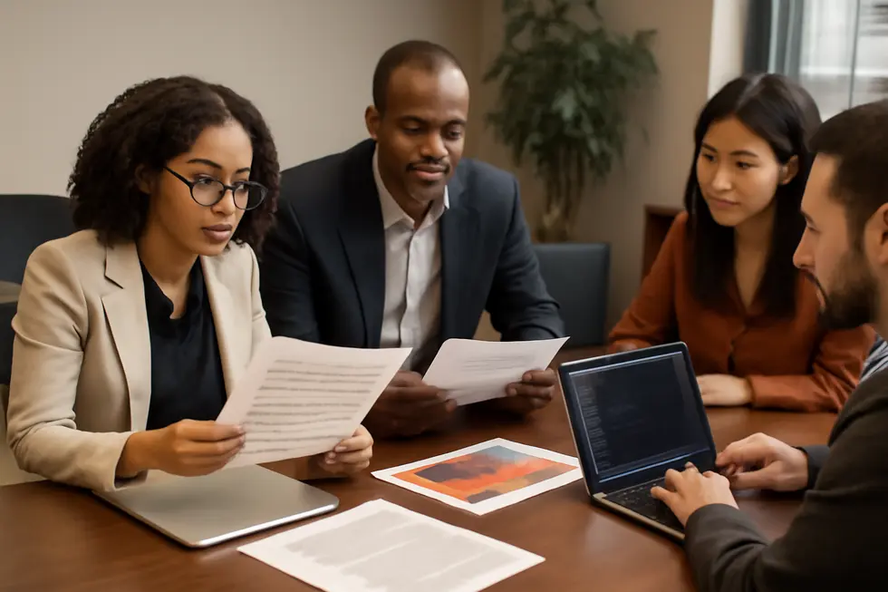 Business owners collaboratively reviewing different types of creative works to understand fundamental copyright protections.