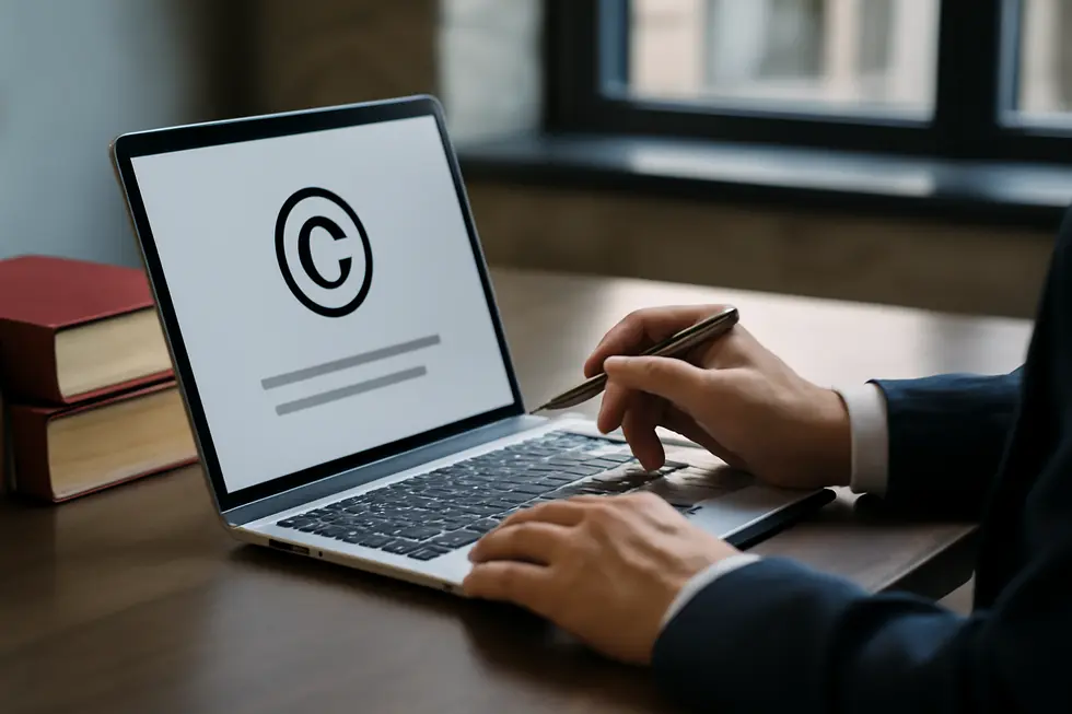 A business owner drafting a copyright statement with the essential elements: © symbol, year, and owner name.