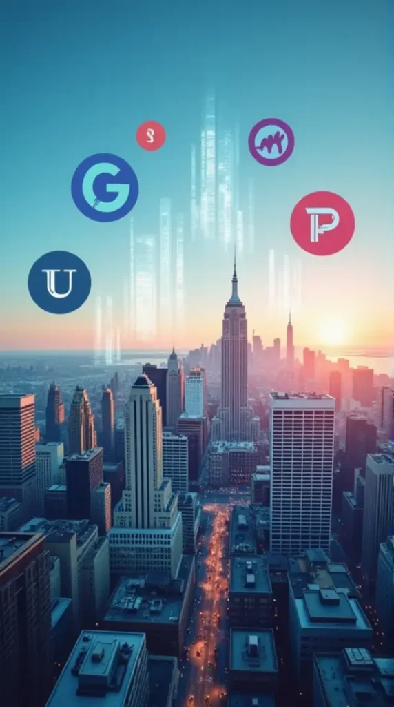 Aerial view of a Georgia city with digital trademarks over business buildings.