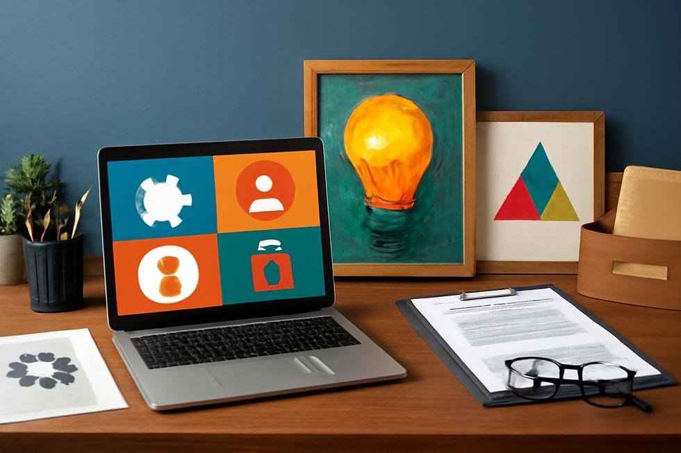 A professional workspace showing branding icons, creative art, inventions, and confidential files representing intellectual property categories.