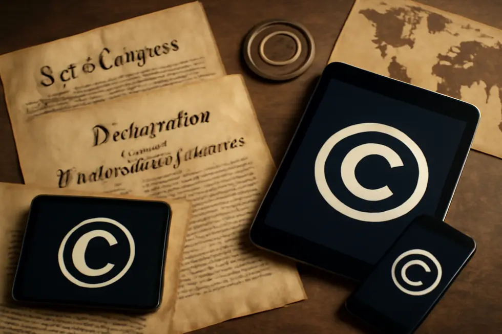 Business owner reviewing creative assets with copyright text overlay signifying protection.