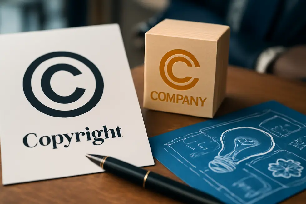 Photo-realistic collage displaying copyright symbols, branded logos, and patent blueprints in a modern business setting.