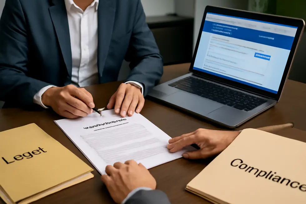 Business owners reviewing official paperwork emphasizing the legal registration of a business name.