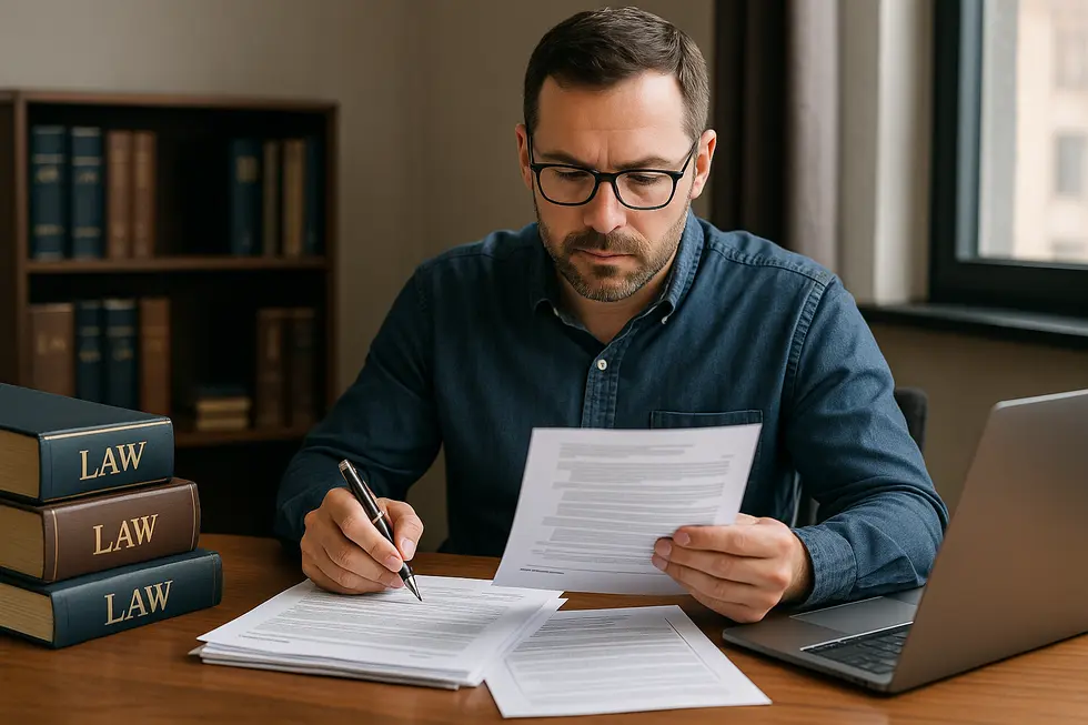 A business owner studying legal documents to understand trademark registration.