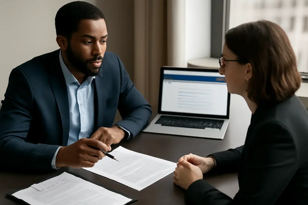 Business owner and expert collaborating on legal formation documents with an online state filing system.