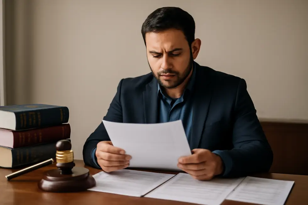 A business owner reviewing legal documents related to business names and trademarks.