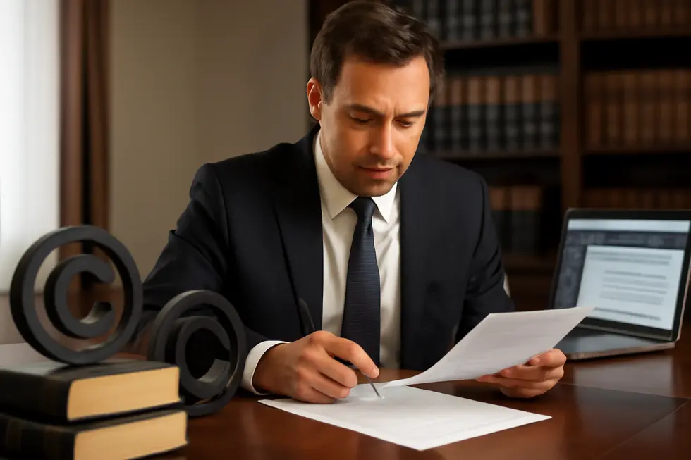 Business owner reviewing copyright enforcement laws and legal materials to ensure compliance.