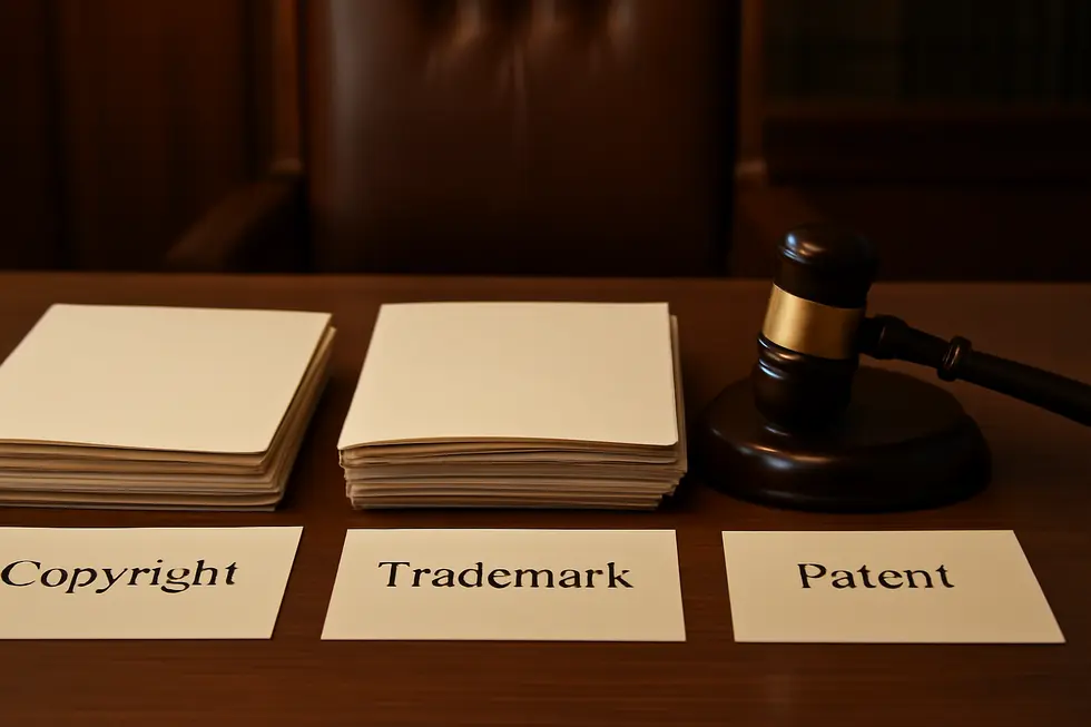 Visual representation depicting the fundamental differences and core protections of copyright, trademark, and patent in a business context.