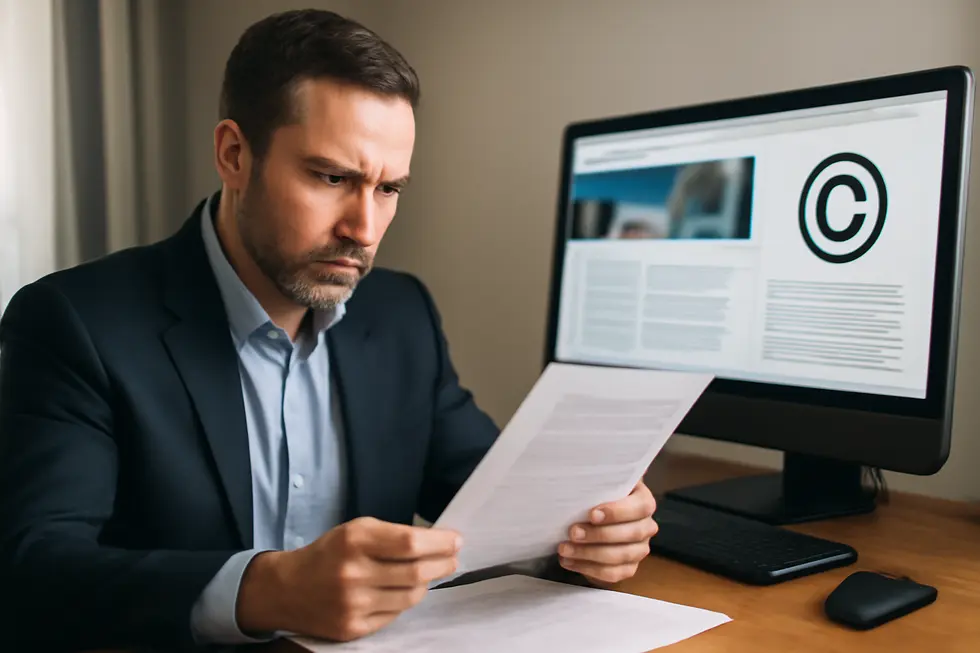 A business owner reviewing a website footer showing the essential elements of copyright text.