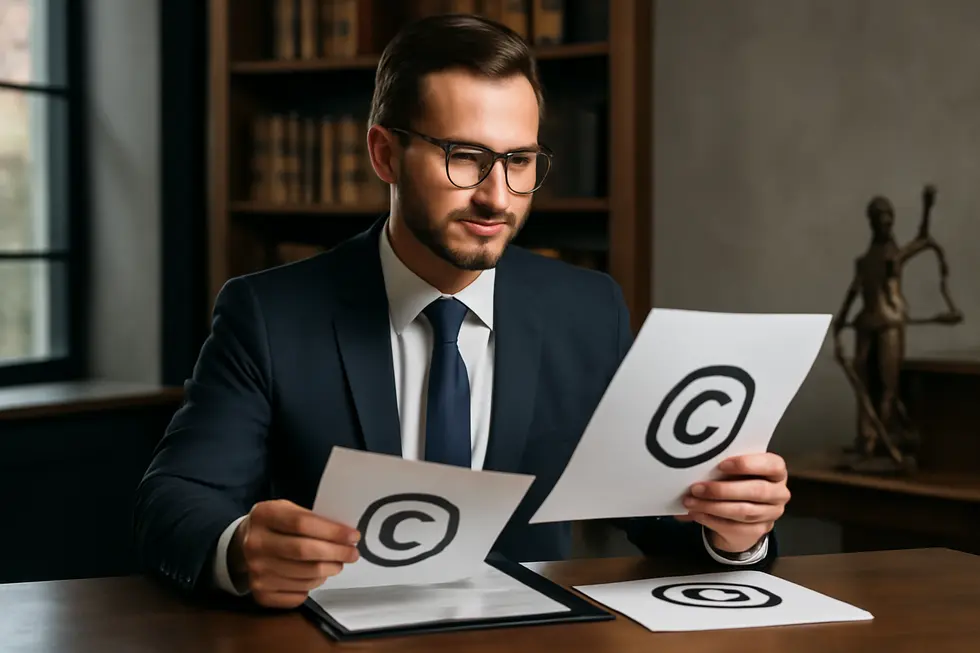 A business owner reviewing copyright documents highlighting legal protections and exclusive rights.
