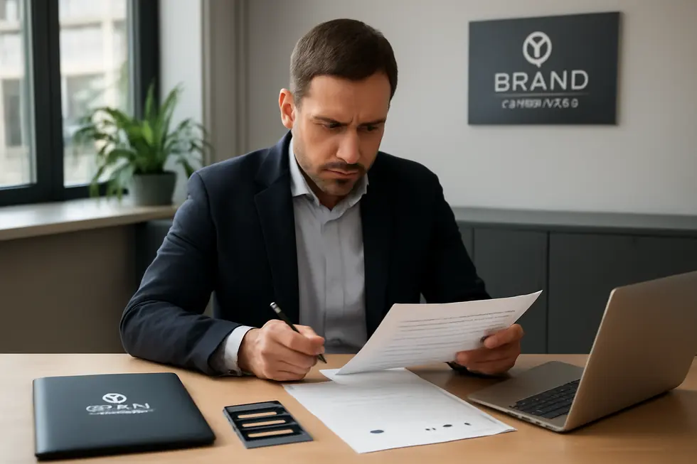 Business owner examining official documents showcasing the legal significance of a brand trade name.