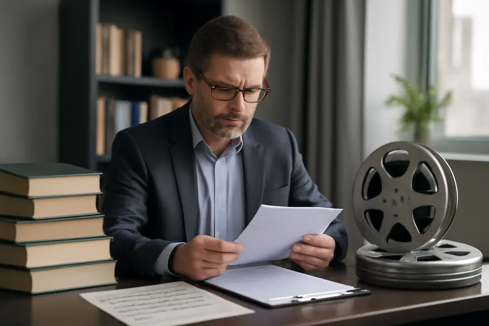 Business owner reviewing legal documents among books, movies, and songs representing copyright law foundations.