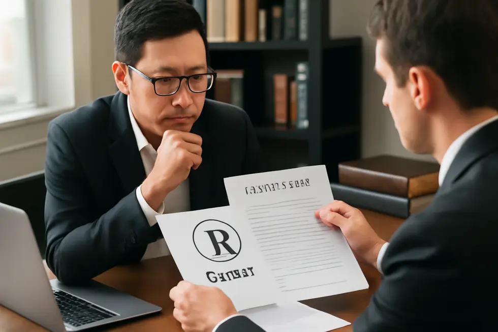 Business owner discusses trademark registration with a legal expert to secure brand rights.
