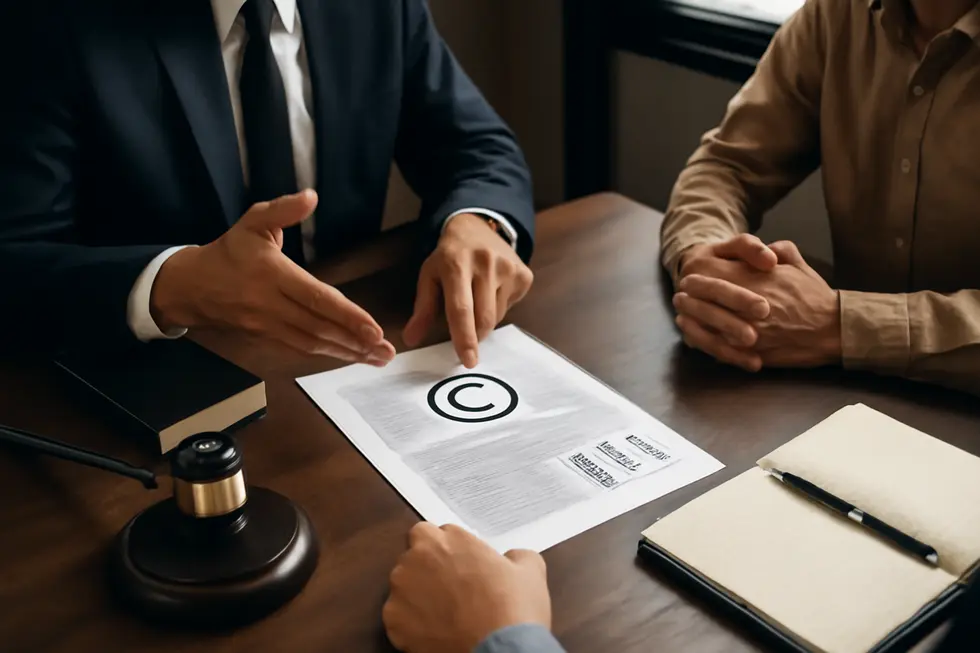 Business owner reviewing creative assets with copyright text overlay signifying protection.