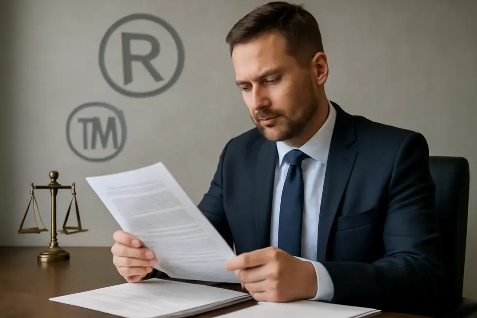 A business owner examines legal details about naming their business amid trademark regulations.