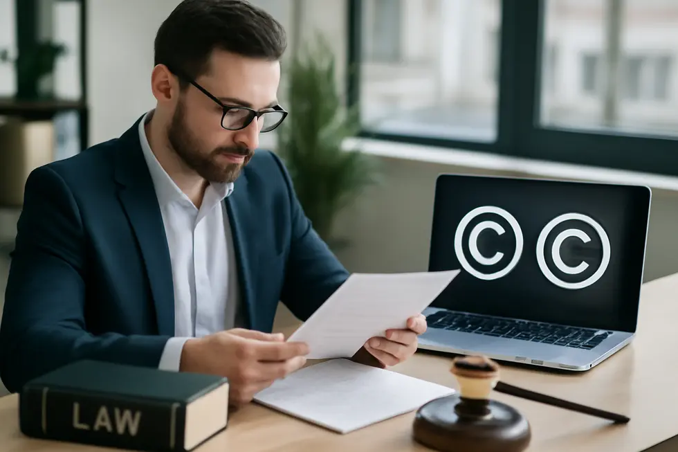 Business owner examining copyright legal frameworks to protect creative works.