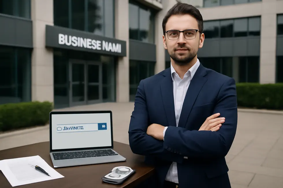 Entrepreneur standing outside an office building with business signage and legal documents representing LLC name and trademark protection.