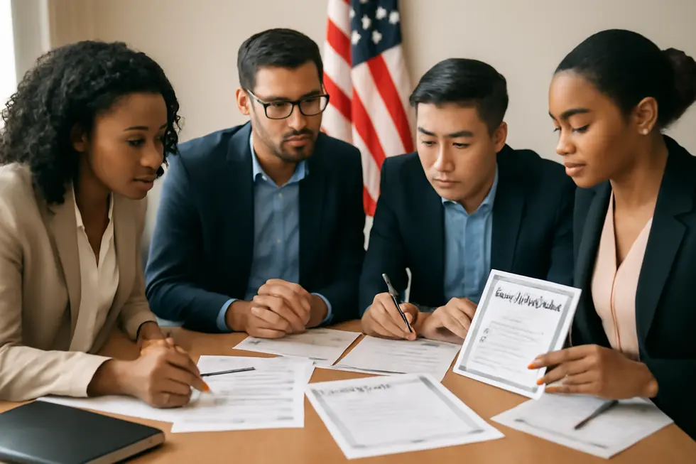 A group of business owners discussing LLC registration and trademark documents in a professional office setting with an American flag in the background.