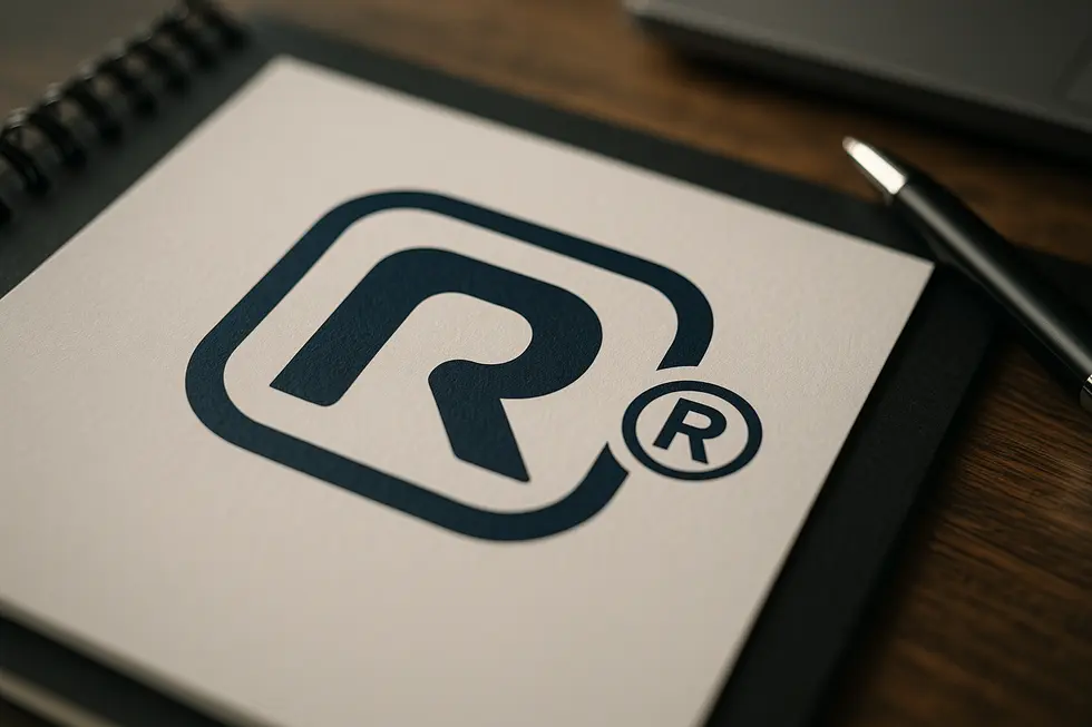 A logo displayed in a business setting with trademark symbols, highlighting legal protection and ownership.