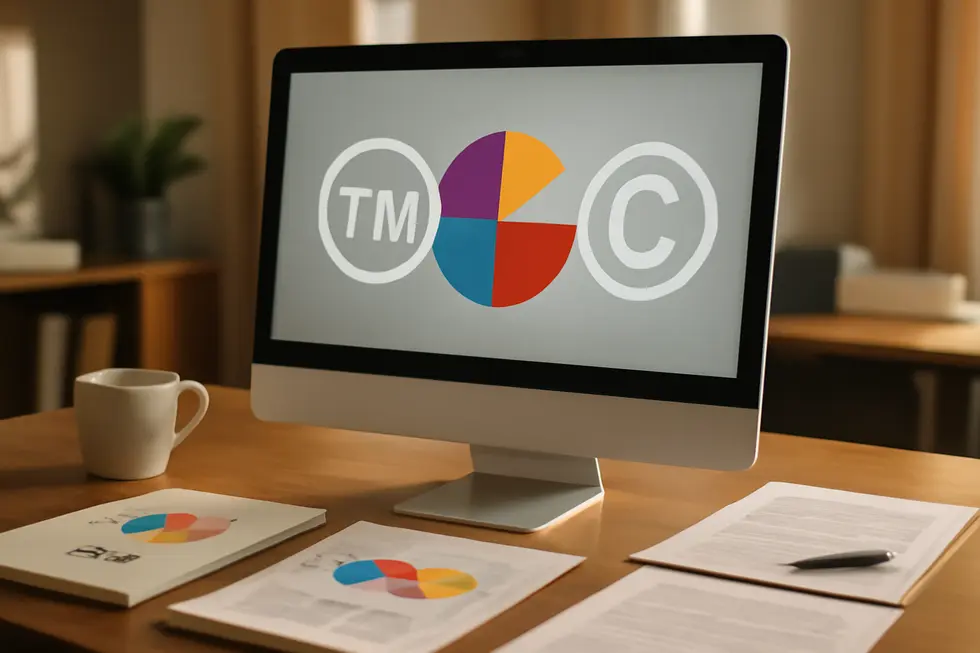 A workspace showing a logo design on screen with trademark and copyright icons around, emphasizing logo protection.