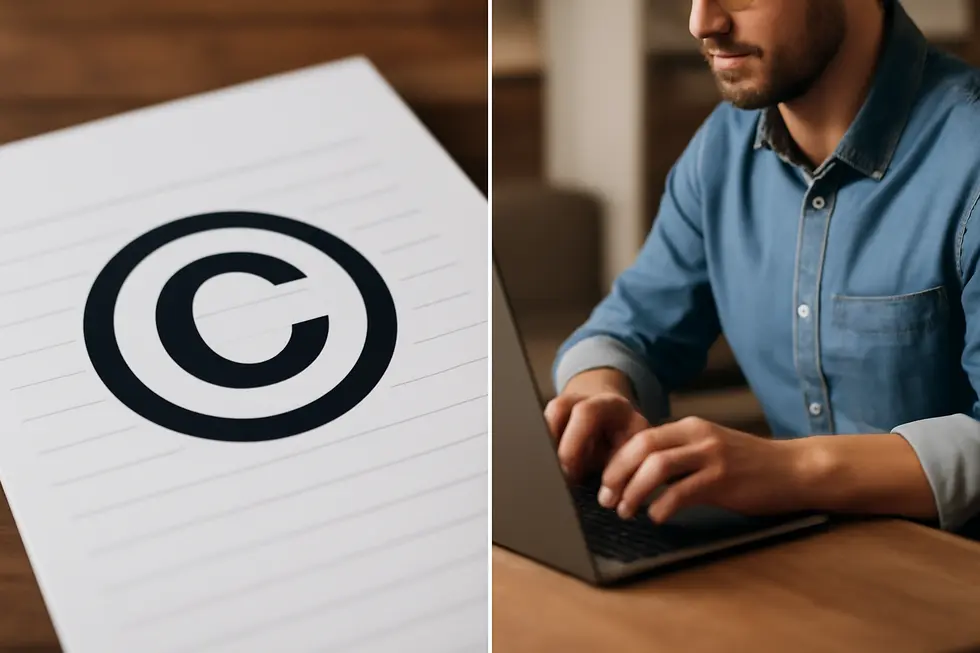 A business owner reviewing copyright registration documents to secure legal rights for creative works.