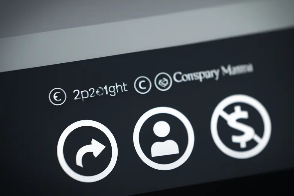 A business owner reviewing a website footer showing the essential elements of copyright text.