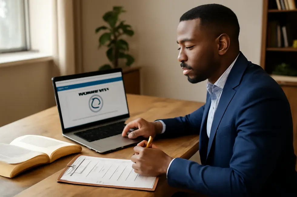 A business owner carefully assessing trademark search results and legal documentation to understand trademark risks.