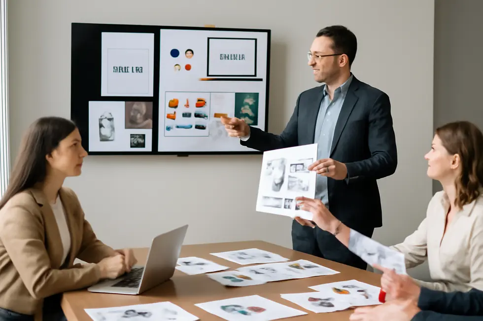 Business owners crafting brand identity with logos, colors, and messaging strategies for the U.S. market.
