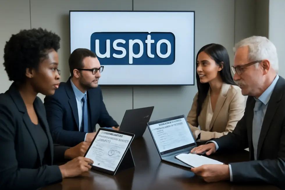A diverse group of business owners reviewing trademark applications with USPTO branding in a modern office setting.