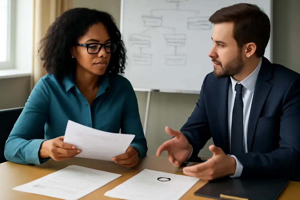 A business owner working with a lawyer navigating the trademark registration process.