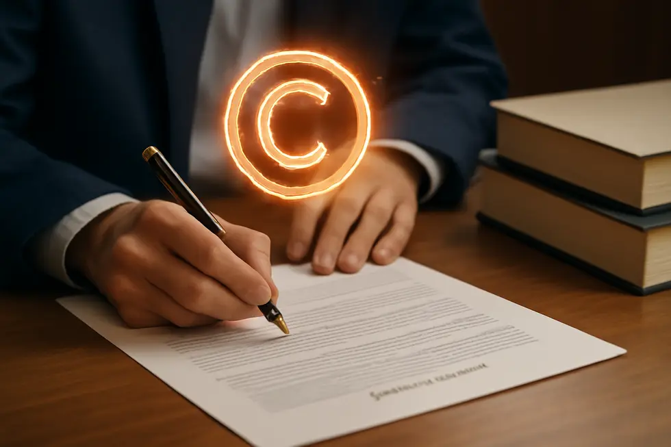 Business professional analyzing contract language highlighting the copyright status of agreements.