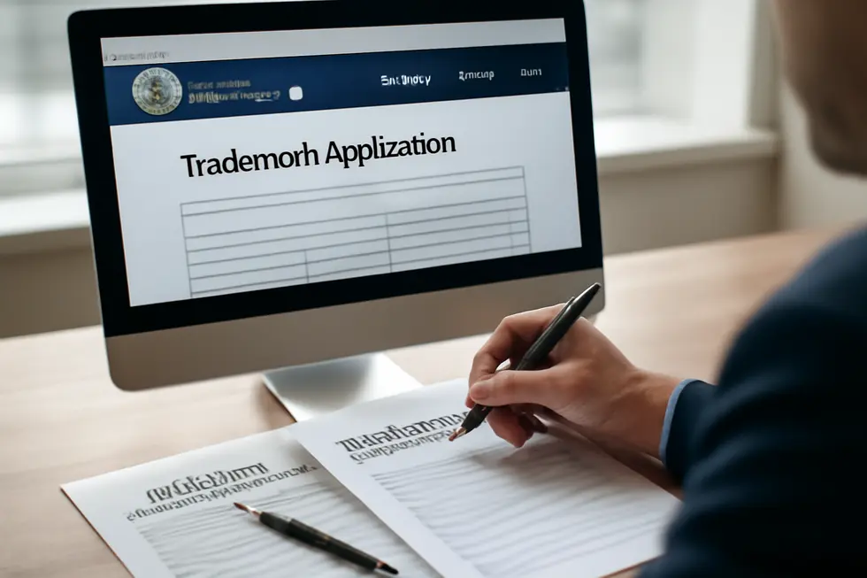 A business owner reviewing trademark certificates representing protection of brand names and logos.
