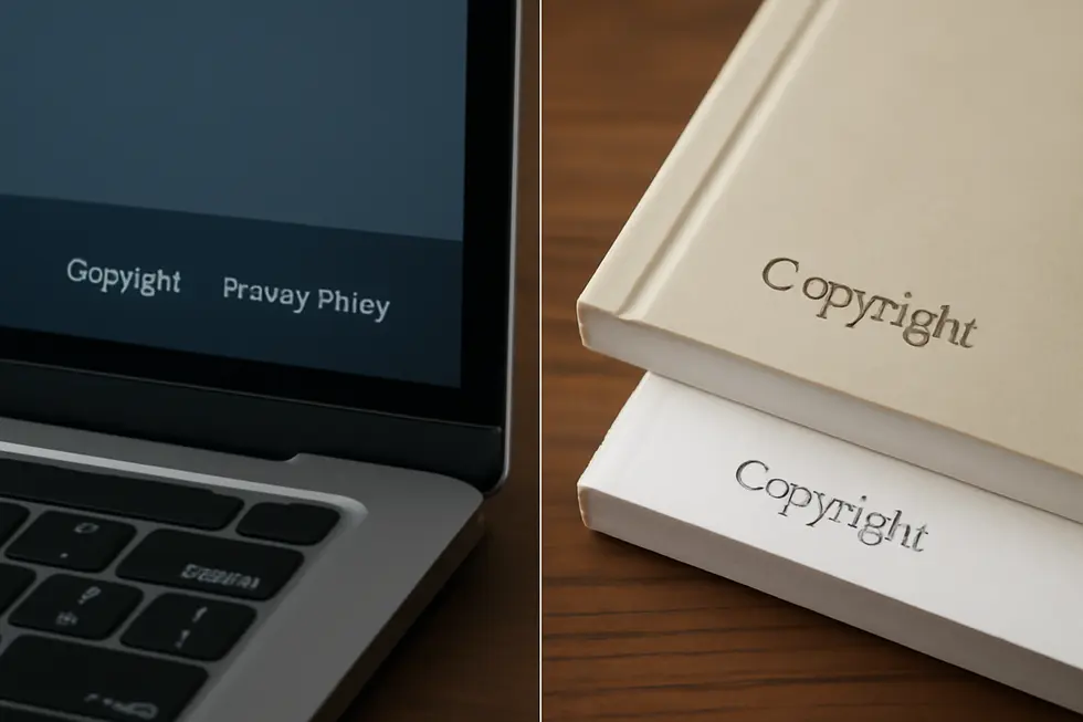 A business owner drafting a copyright statement with the essential elements: © symbol, year, and owner name.