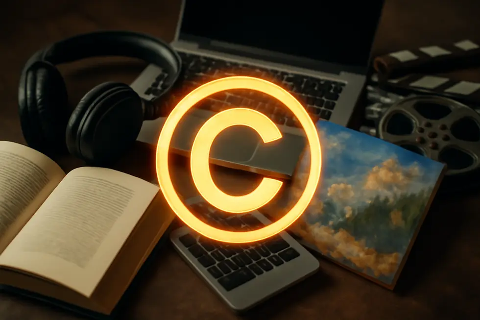 A business owner reviewing copyright registration documents to secure legal rights for creative works.