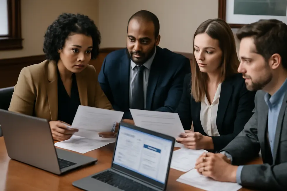 Group of business owners reviewing documents and laptops showing state Secretary of State websites during naming decision.
