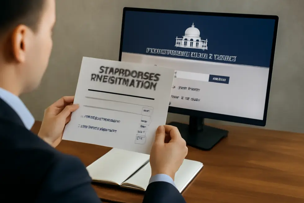 Business owner reviewing state business name registration and uniqueness requirements amid competing business name options.