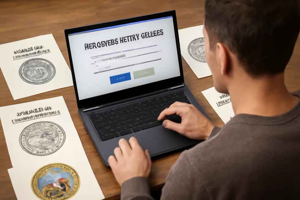 Business owner verifying LLC name availability across state databases to comply with state registration requirements.
