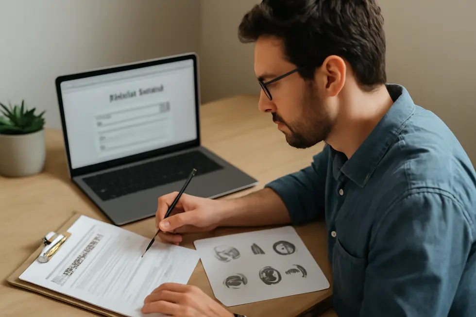 A business owner examines legal details about naming their business amid trademark regulations.
