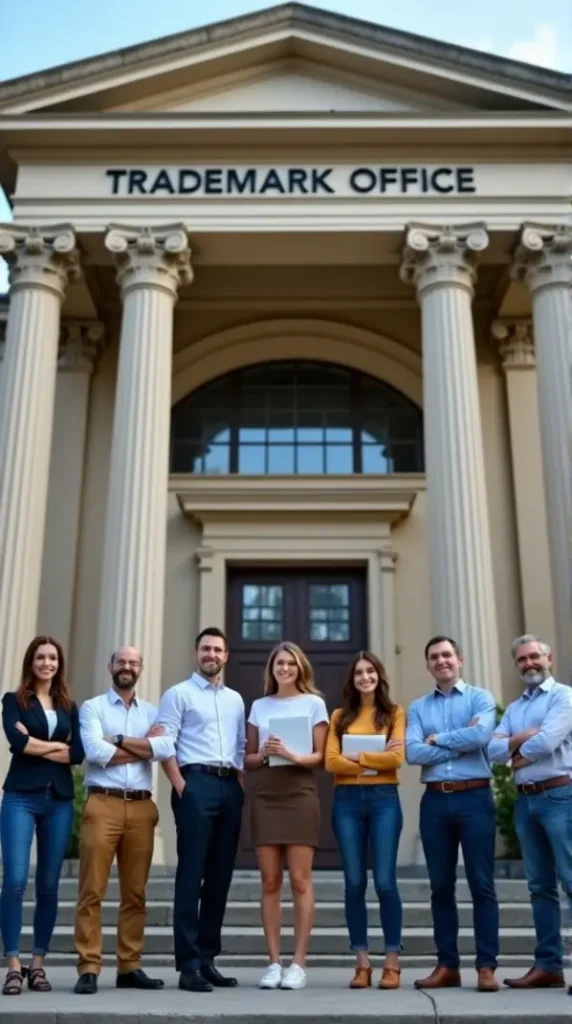 Group of business owners with trademark documents in front of office.