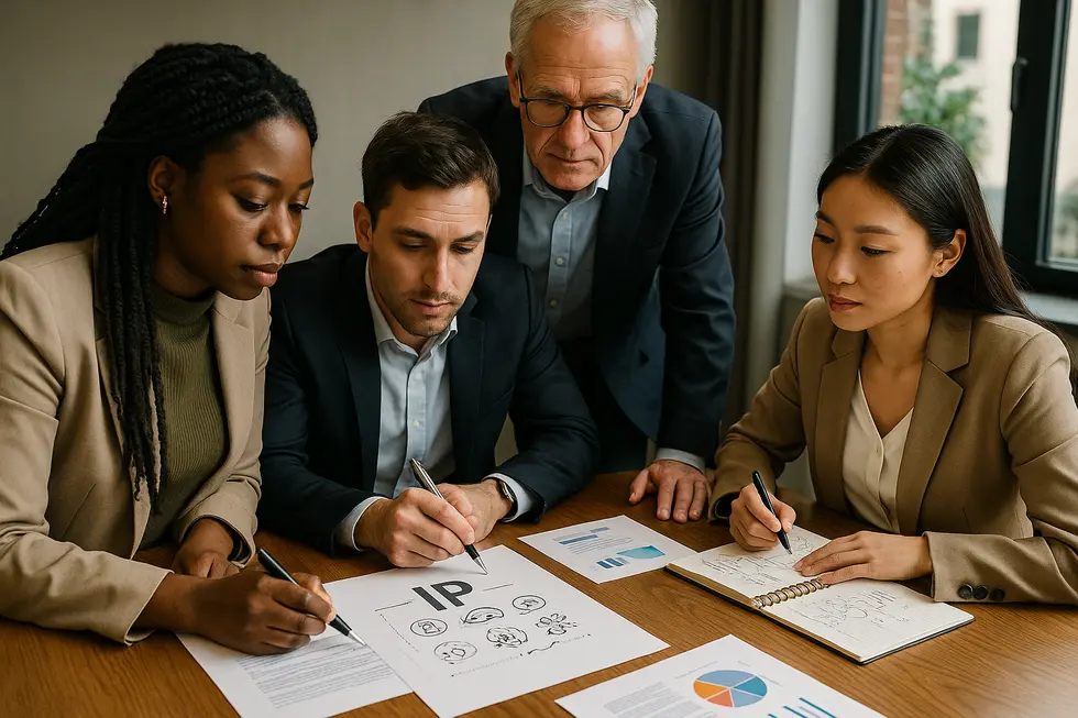 A group of diverse business professionals discussing intellectual property strategies around a conference table.